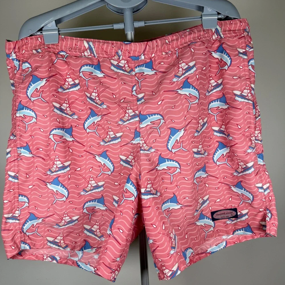 Vineyard Vines Mens Pink Marlin Boat Print Swim Trunks Board Shorts Size Large